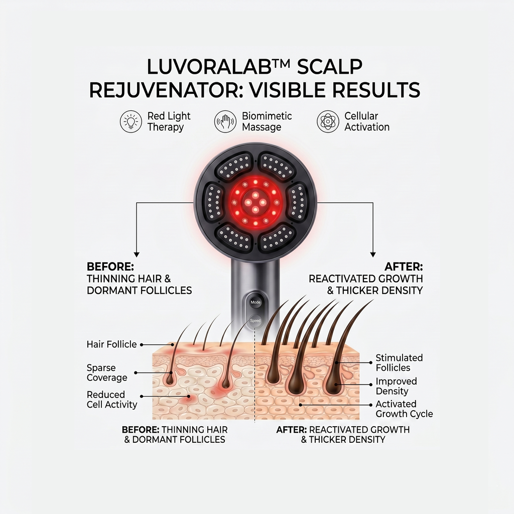 Product breakdown of red light hair growth comb highlighting the liquid delivery port and EMS current pins
