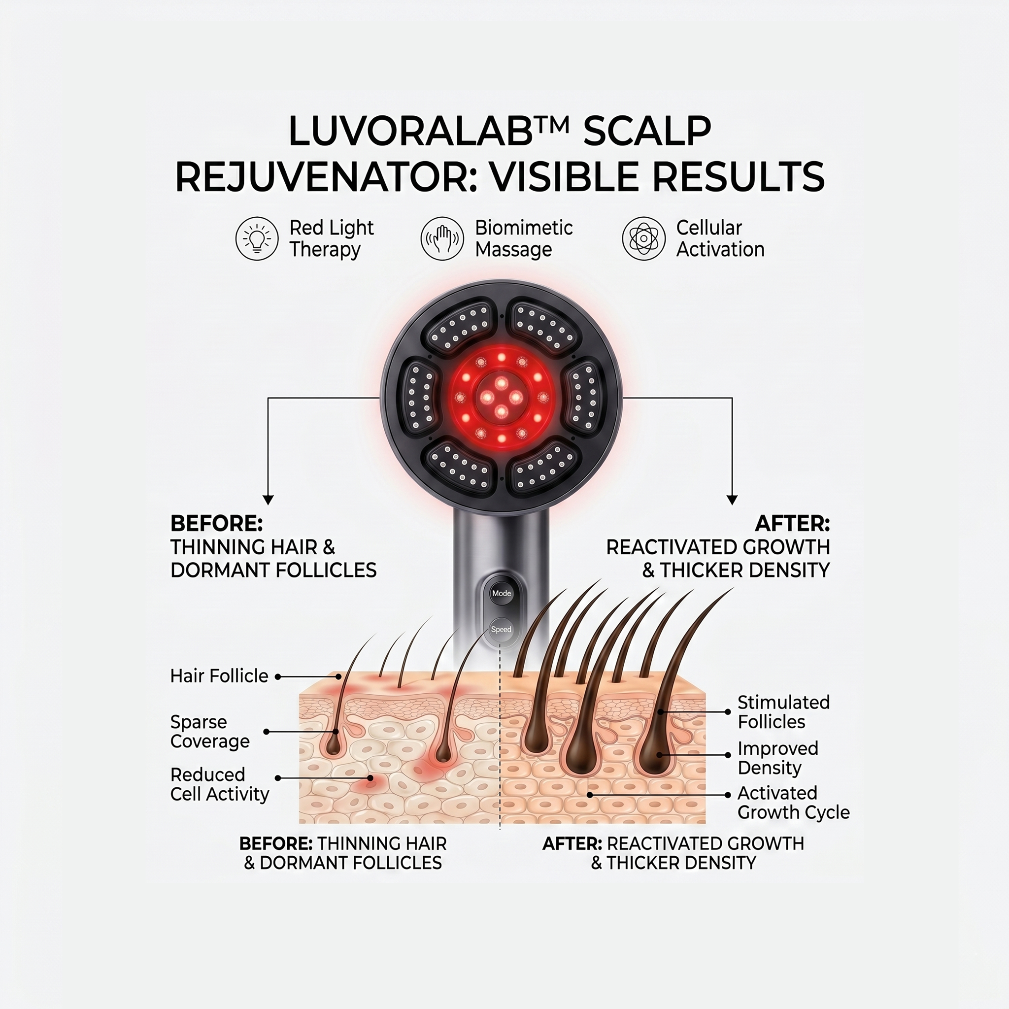 Product breakdown of red light hair growth comb highlighting the liquid delivery port and EMS current pins
